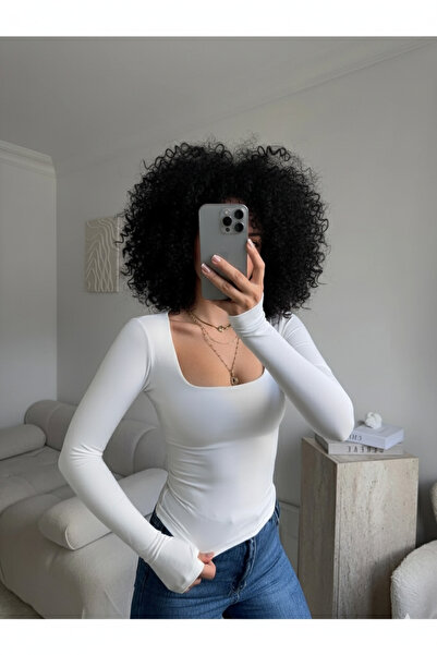 Boubon Co Ecru Women's U-Neck Long Sleeve Finger-Looped Ecru Women's Blouse