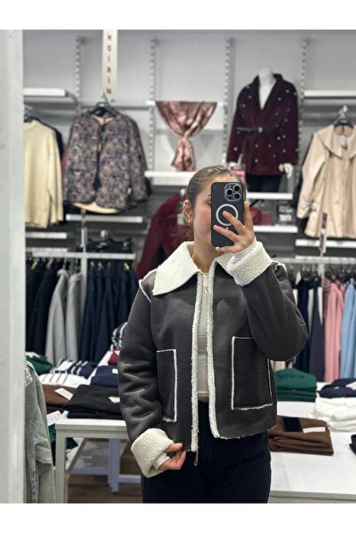 Oxion Kürklü Yaka Süet Görünümlü Kısa Mont