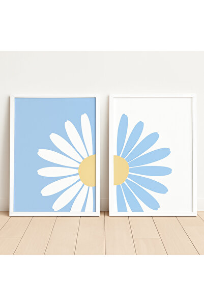 NT Handmade Laminated Framed Pvc Protected Set of 2 Blue Daisy Patterned Uv Printing Mdf Wall Painting