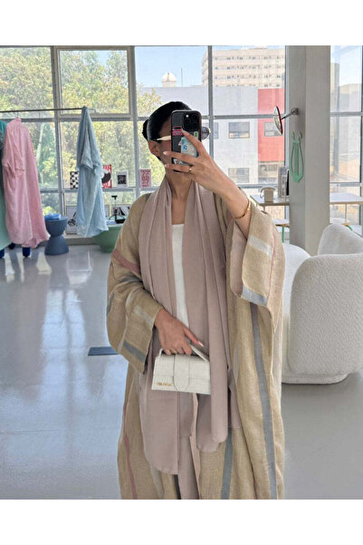 AYA mw1495-Linen-Beige-Striped-Lined-Chiffon-Half-Bisht