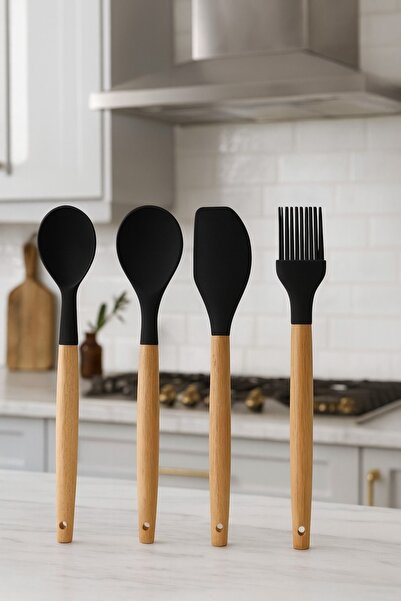 Pazarika Silikon Mutfak Aletleri Seti 4 Parça – Ahşap Saplı Spatula, Kaşık, K...