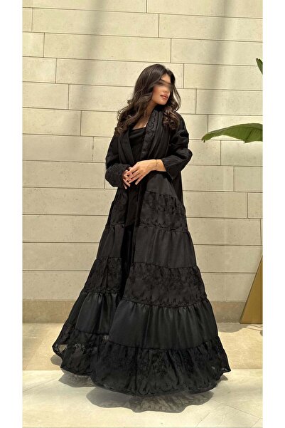 AYA عباية كتان مطرزة سوداء مزدوجة القبة