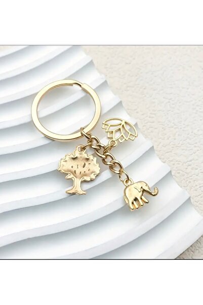PİRAMİGO Elephant, Lotus and Tree of Life Keychain (Gold Plated)
