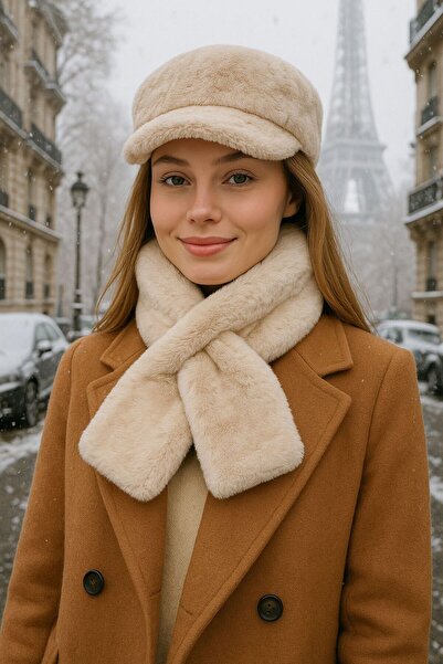 MARBERRY Beige Soft Textured Plush Women's Beanie Hat and Neck Warmer Set of 2