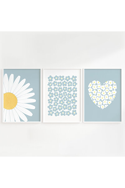 NT Handmade Laminated Framed Pvc Protected 3-Piece Blue Daisy Patterned Uv Printing Mdf Wall Painting Set