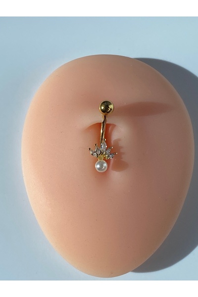 kurukafagift Göbek Piercing Çelik İnci Zirkon Taşlı Gold Sarı Renk Minimal Model