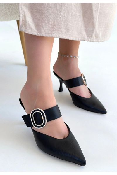 ALFA AKSESUAR 03 Yote Black Skin Heeled Slippers