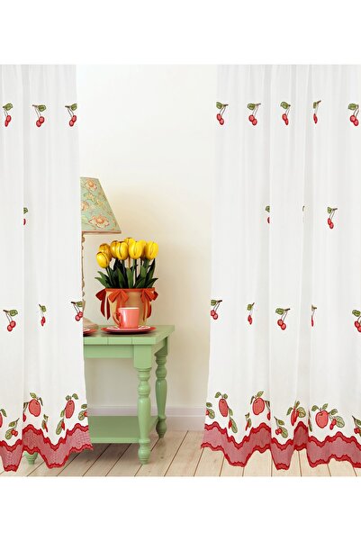 OEM Kitchen curtain, 140x210 cm, with drapery, cherries, white/red