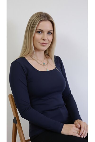 moda felinya Women's Navy Blue Square Neck Long Sleeve Bodysuit