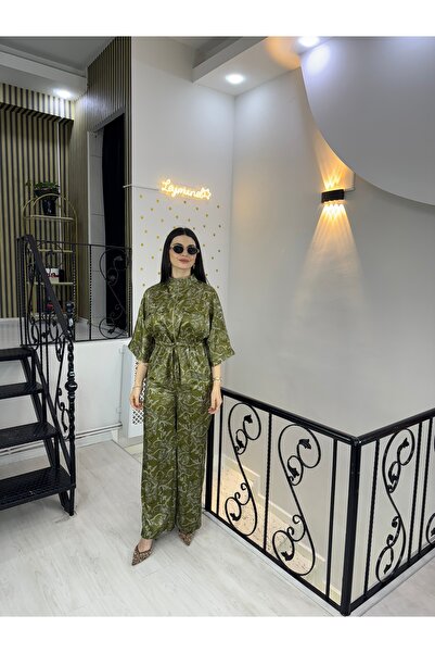 Butik Yeşil Saten etnik bitki desenli belden büzgülü cepli ceket lastikli bol...