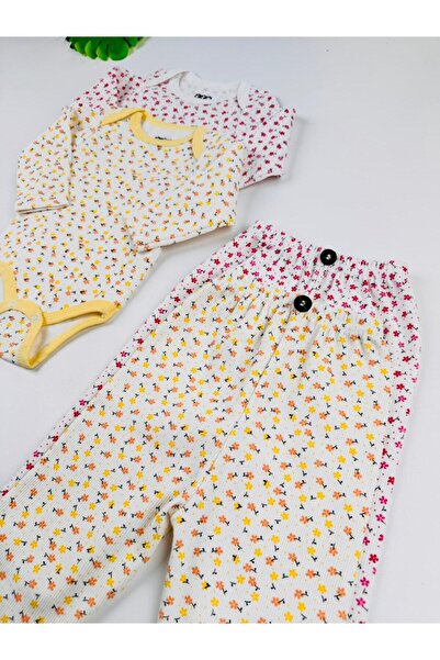 EFU BABY 4-Piece Floral Patterned 100% Cotton Flexible Ribbed Knit Baby Girl Set