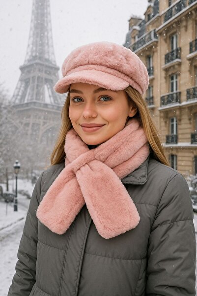 MARBERRY Pink Soft Textured Plush Women's Beanie Hat and Neck Warmer Set of 2