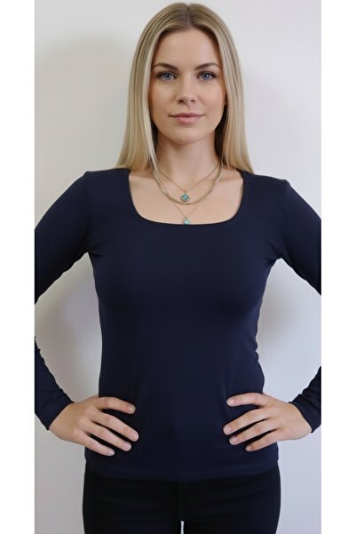 moda felinya Women's Navy Blue Square Neck Long Sleeve Bodysuit