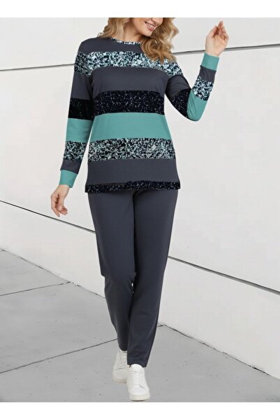 JANES Women's Long Sleeve Crew Neck Striped Pattern Two Thread Blouse and Pants Two-Piece Set