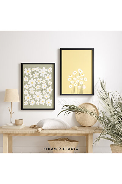 NT Handmade Laminated Framed Pvc Protected 2-Piece Daisy Patterned Uv Printin...