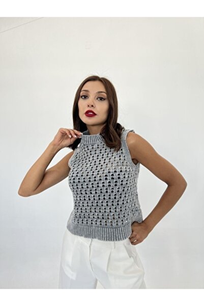 BirYıldızOl Sleeveless Metallic Yarn Detailed Knitwear Mesh Women's Sweater