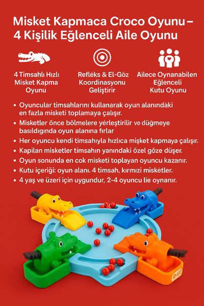 Tamsena Store Misket Kapmaca Croco Oyunu – 4 Kişilik Eğlenceli Aile Kutu Oyunu