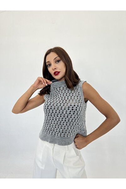 BirYıldızOl Sleeveless Metallic Yarn Detailed Knitwear Mesh Women's Sweater