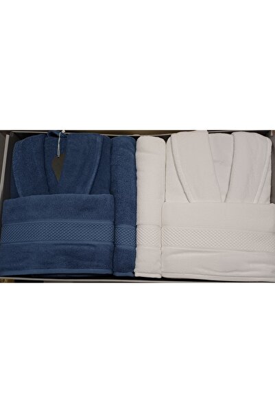 Özdilek Colored Family Set Navy Blue - White 100% Cotton Thick Bathrobe