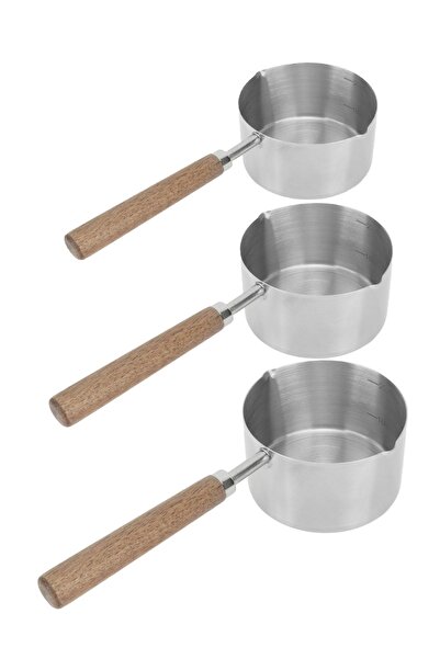 ELEGANT HOME 3 stainless steel pots with wooden handles for boiling milk, melting butter, making sauces, and a coffee pot (150/300/500ml)
