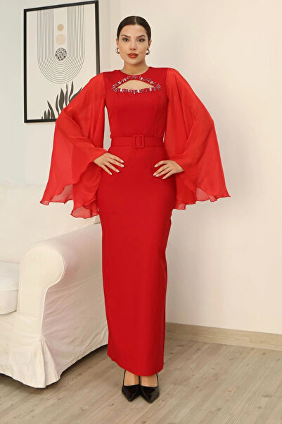 lodmela Low-Cut Embroidered Cape Sleeve Evening Dress 2349-Red