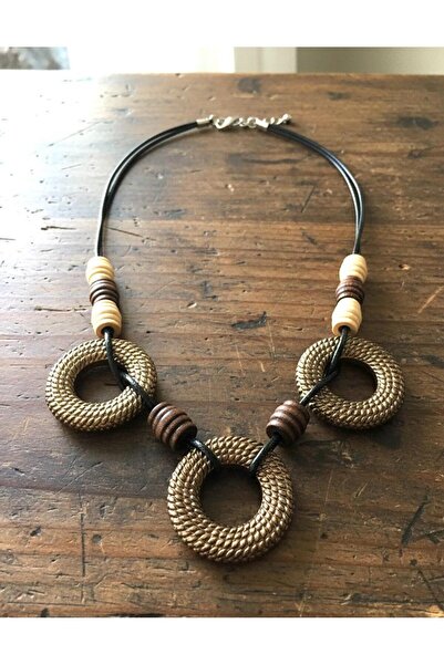canan dizayn Bohemian Authentic Metalized Antique Ring, Wooden Pasta Bead Necklace