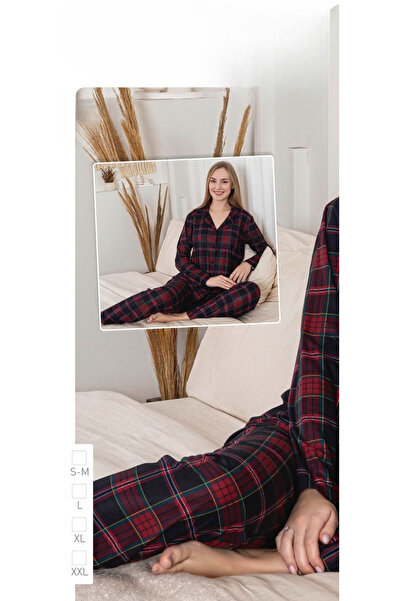 İpek Women's Long Sleeve Front Button Plaid Pattern Pajama Set