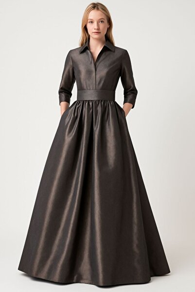 ALYEL NAKER Kuşaklı & Tam Daire Açılımlı Maxi Boy Şık Tafta Gömlek Elbise