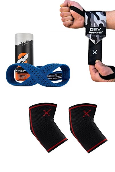Dex Supports Sports Elbow Support Elbow Sleeve, Sports Wristband Dark Wrist Wraps, 8 Loop Lifting Straps Blue Set of 3