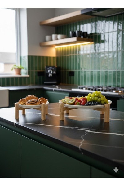 Bambum Alpina Set of 2 Ceramic Presentation Plates with Bamboo Legs 17cm and 26cm, Serving Plate