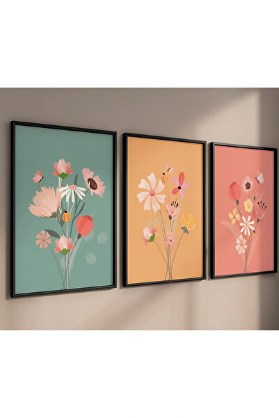 NT Handmade Laminated Framed Pvc Protected 3-Piece Colorful Flower Bouquets Patterned Uv Printing Mdf Wall Painting Set