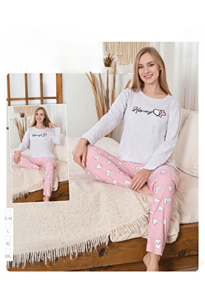 İpek Women's Long Sleeve Crew Neck Heart Pattern Cotton Pajama Set