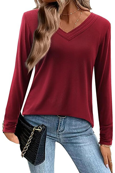 OEM Women's summer long-sleeved V-neck T-shirt Red 2XL