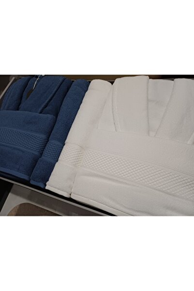 Özdilek Colored Family Set Navy Blue - White 100% Cotton Thick Bathrobe