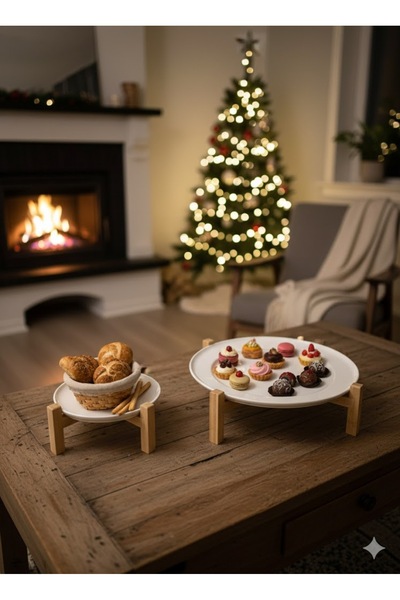 Bambum Alpina Set of 2 Ceramic Presentation Plates with Bamboo Legs 17cm and 26cm, Serving Plate