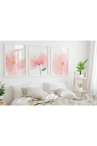NT Handmade Laminated Framed Pvc Protected 3-Piece Pink Floral Pattern Uv Printing Mdf Wall Painting Set