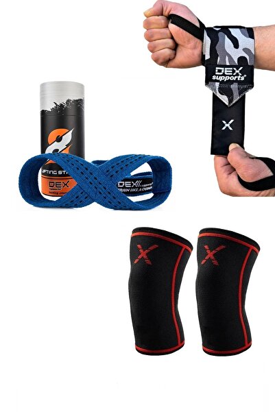 Dex Supports Sports Knee Sleeve, Sports Wristband Dark Wrist Wraps, 8 Loop Lifting Straps Blue Set of 3