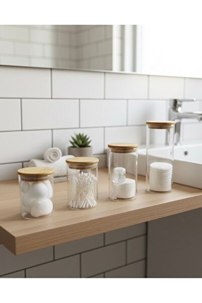 Buğra Home طقم منظم حمام زجاجي مكون من 4 قطع مع غطاء من الخيزران - مع ملصق هدية