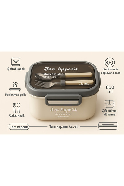 Tantitoni Lunchbox 850 ml – Stainless Steel Food Storage Container – Modern Lunch Box with Cutlery