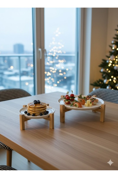 Bambum Alpina Set of 2 Ceramic Presentation Plates with Bamboo Legs 17cm and 26cm, Serving Plate