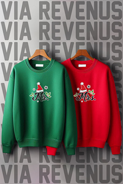 Vordevia New Year Christmas Mr. & Mrs. Printed Crew Neck 3 Thread Ş Fleece-Lined Lover Combination Sweatshirt