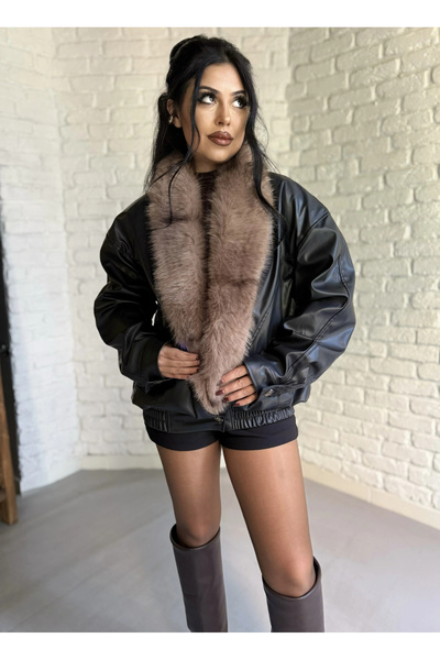 moneta boutique Γυναικείο δερμάτινο μπουφάν με γούνινο γιακά και ελαστική μέση