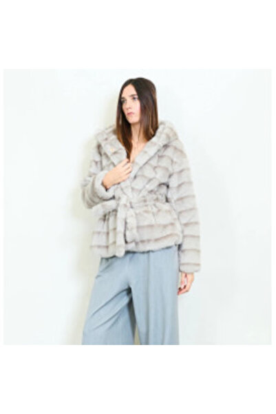 OEM ELEGANCE faux fur coat with hood and studs Gray