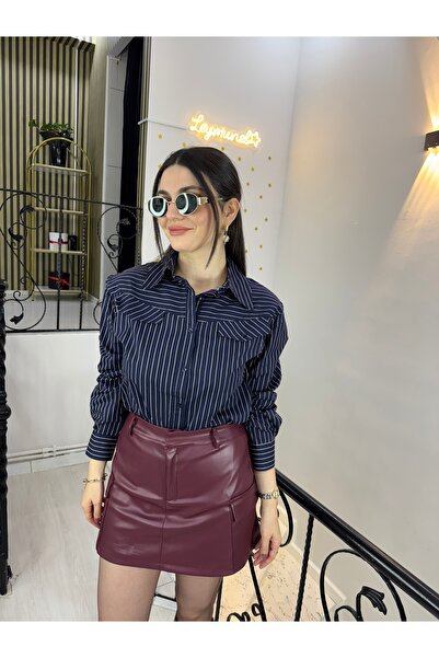 Butik Lacivert beyaz çizgili cep görünümlü cotton kumaş vatkalı gömlek 70 cm boy