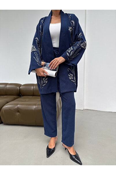 MİA NOURA Women's Kimono with Beaded Front and Sleeves, Velvet Fabric Kimono Pants Set