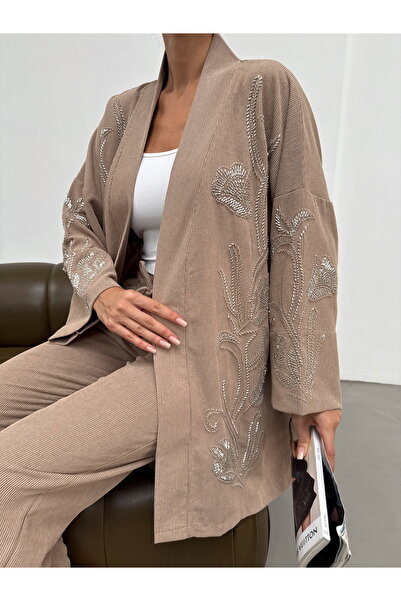 MİA NOURA Women's Kimono with Beaded Front and Sleeves, Velvet Fabric Kimono Pants Set
