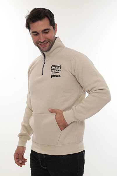 PHANTOM JEANS Ανδρικό φούτερ με μπεζ χρώμα, κανονική εφαρμογή, κανονική εφαρμογή, με φλις εσωτερικά, με μισό φερμουάρ, όρθιο γιακά, βαμβακερό φούτερ