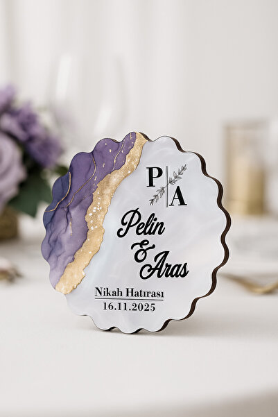 Tasarım Şeker 50 Adet Kişiye Özel Epoksi-Mermer Görünümlü Ahşap Magnet – Lila...