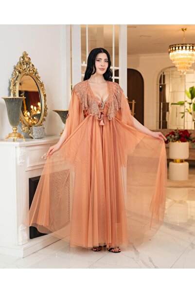 Limas lingerie روب صباحي طويل من قطعتين مصنوع من التول مع تفاصيل حجرية بتصميم...