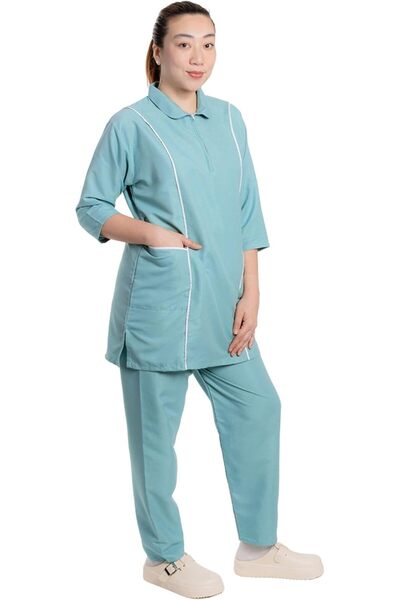 Generic Professional Housemaid/Nanny Uniform Set - 3/4 Sleeve Tunic with White Piping & Khaki Trousers